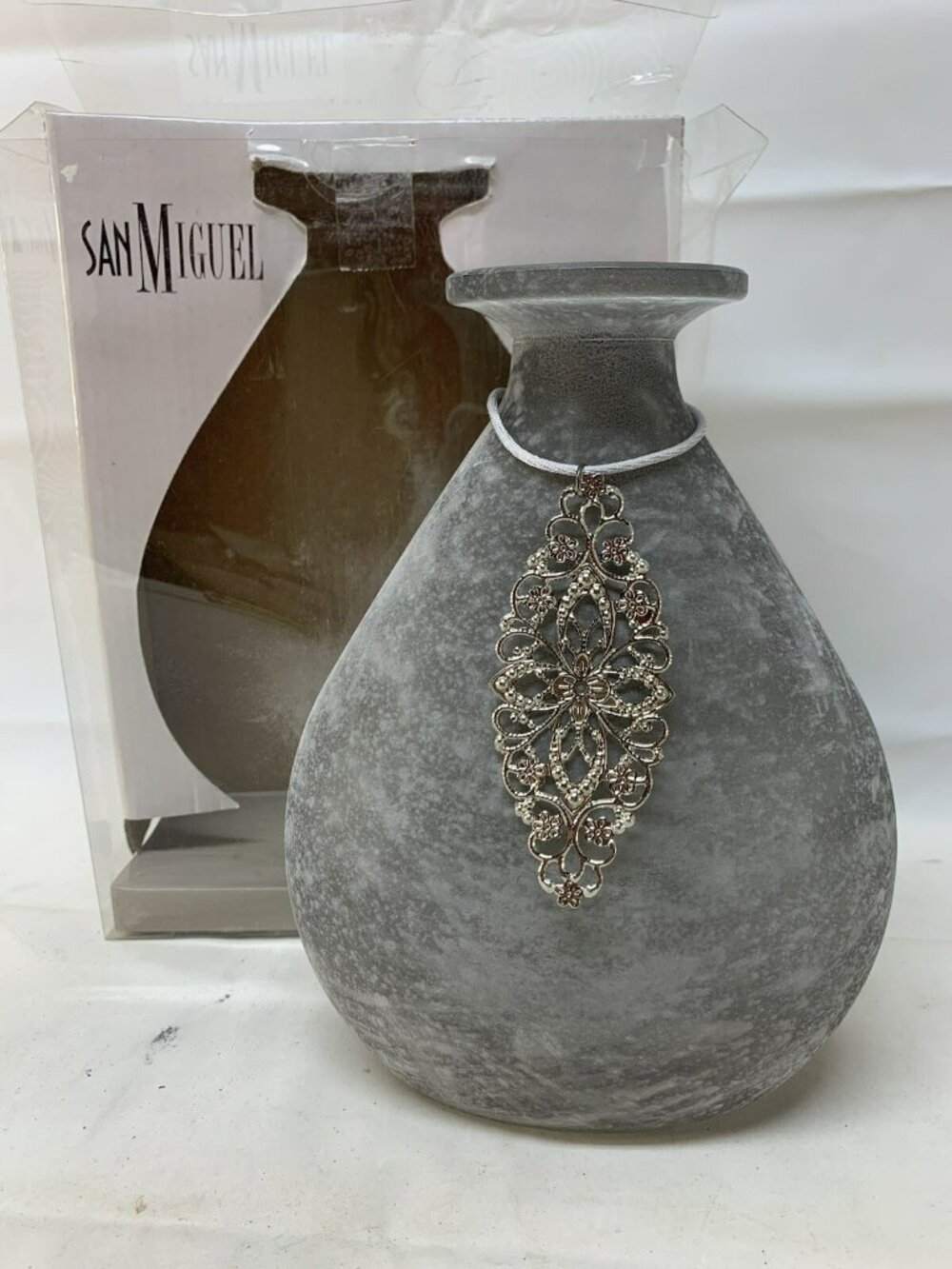 NIB San Miguel Frosted Gray Glass Vase Reed Diffuser Silver Medallion Charm